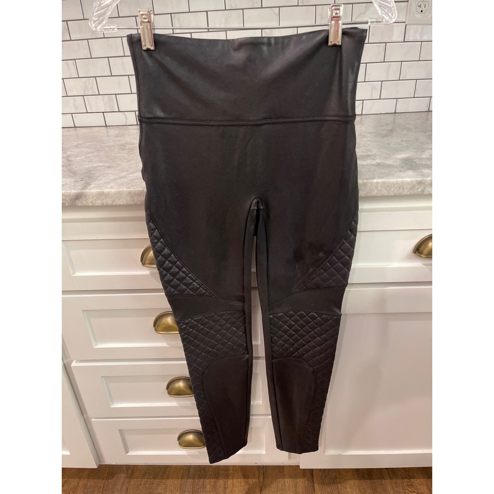 Spanx Leggings Womens M Black Faux Leather Moto Quilted High Rise Shaping Pant